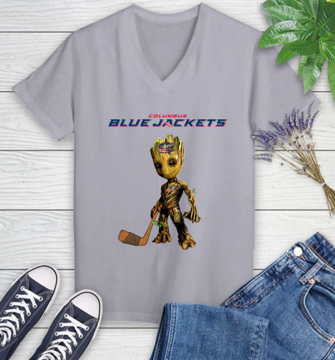 Columbus Blue Jackets NHL Hockey Groot Marvel Guardians Of The Galaxy Women's V-Neck T-Shirt 4