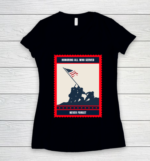 Independence Day 4th Of July HONORING ALL WHO SERVED MEMORIAL DAY  POSTAGE STAMP Women's V-Neck T-Shirt