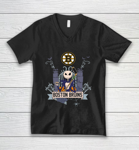 NHL Boston Bruins Hockey Jack Skellington Halloween V-Neck T-Shirt