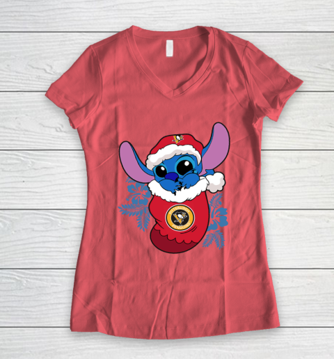 Pittsburgh Penguins Christmas Stitch In The Sock Funny Disney NHL Women's V-Neck T-Shirt 6