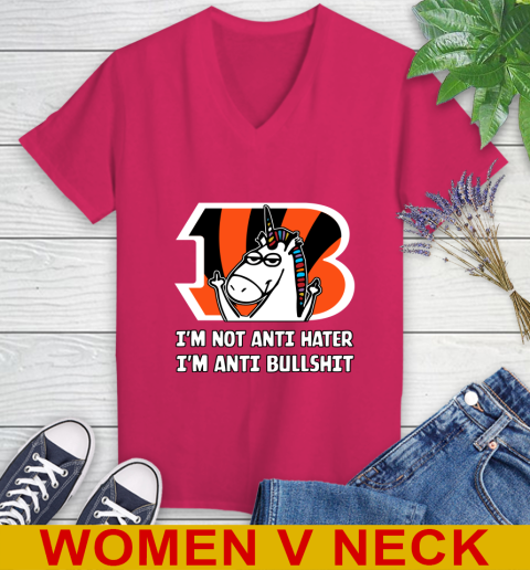 Cincinnati Bengals NFL Football Unicorn I'm Not Anti Hater I'm Anti Bullshit Women's V-Neck T-Shirt 10
