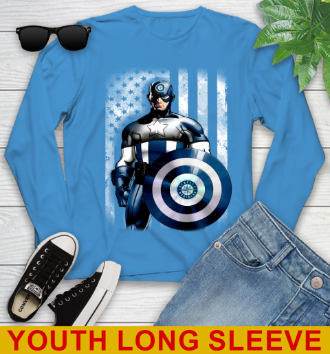 Seattle Mariners MLB Baseball Captain America Marvel Avengers American Flag Shirt Youth Long Sleeve 8