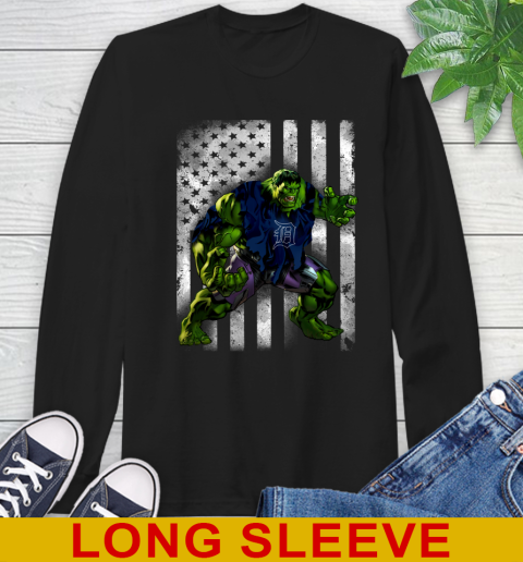 Detroit Tigers Hulk Marvel Avengers MLB Baseball American Flag Long Sleeve T-Shirt