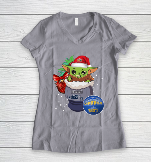 Denver Nuggets Christmas Baby Yoda Star Wars Funny Happy NBA Women's V-Neck T-Shirt 4