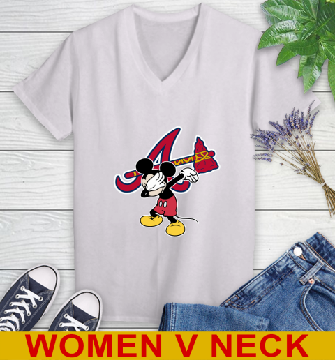 Atlanta Braves MLB Baseball Dabbing Mickey Disney Sports Women's V-Neck T-Shirt