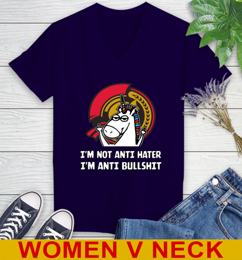 Ottawa Senators NHL Hockey Unicorn I'm Not Anti Hater I'm Anti Bullshit Women's V-Neck T-Shirt 4