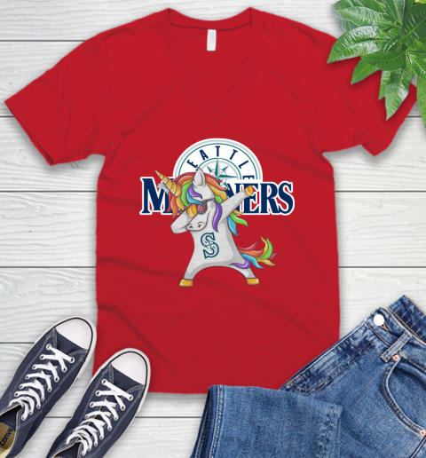 Seattle Mariners MLB Baseball Funny Unicorn Dabbing Sports V-Neck T-Shirt 7