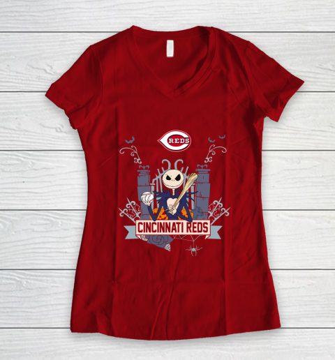 MLB Cincinnati Reds Baseball Jack Skellington Halloween Women's V-Neck T-Shirt 8