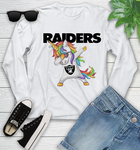 Oakland Raiders NFL Football Funny Unicorn Dabbing Sports Youth Long Sleeve
