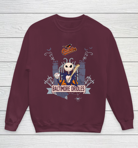MLB Baltimore Orioles Baseball Jack Skellington Halloween Youth Sweatshirt 4