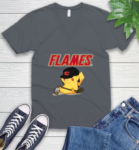 NHL Pikachu Hockey Sports Calgary Flames V-Neck T-Shirt 5
