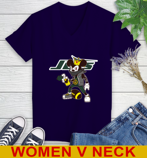 New York Jets NFL Football Mickey Peace Sign Sports Women's V-Neck T-Shirt 4