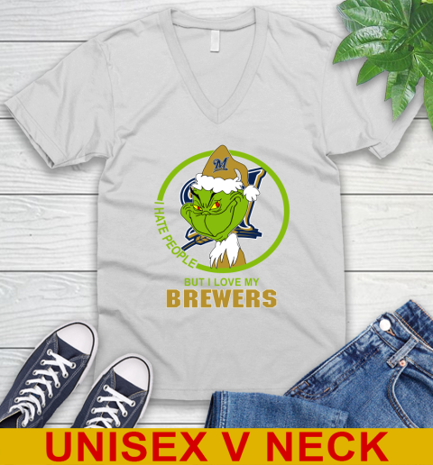 Milwaukee Brewers MLB Christmas Grinch I Hate People But I Love My Favorite Baseball Team V-Neck T-Shirt