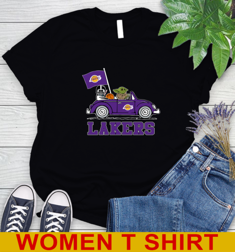 NBA Basketball Los Angeles Lakers Darth Vader Baby Yoda Driving Star Wars Shirt Women's T-Shirt 2