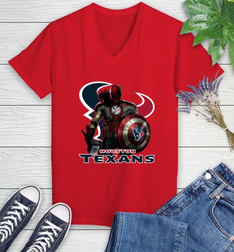 NFL Captain America Thor Spider Man Hawkeye Avengers Endgame Football Houston Texans Women's V-Neck T-Shirt 12