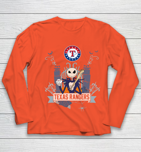 MLB Texas Rangers Baseball Jack Skellington Halloween Youth Long Sleeve 3