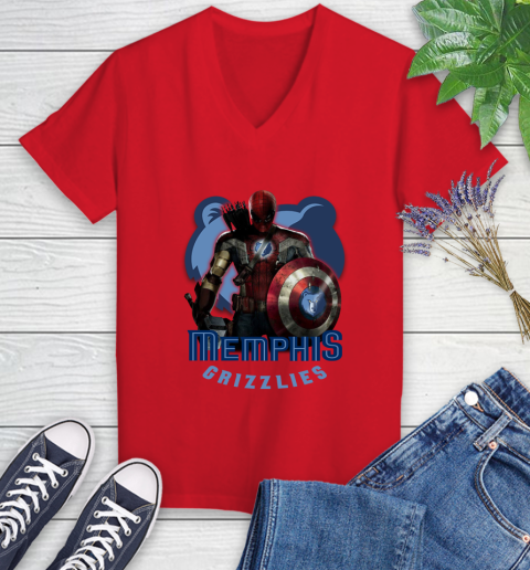 Memphis Grizzlies NBA Basketball Captain America Thor Spider Man Hawkeye Avengers Women's V-Neck T-Shirt 12