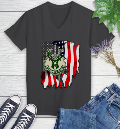 Milwaukee Bucks NBA Basketball American Flag Women's V-Neck T-Shirt 8