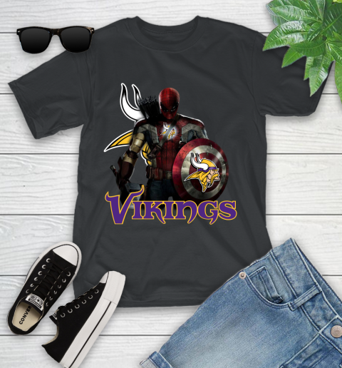 NFL Captain America Thor Spider Man Hawkeye Avengers Endgame Football Minnesota Vikings Youth T-Shirt 2