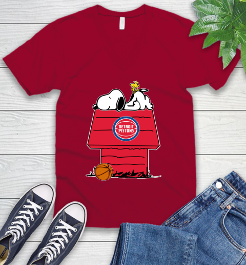 Detroit Pistons NBA Basketball Snoopy Woodstock The Peanuts Movie V-Neck T-Shirt 8