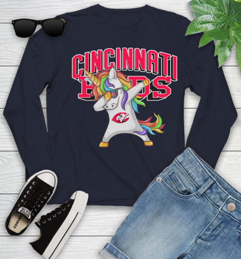 Cincinnati Reds MLB Baseball Funny Unicorn Dabbing Sports Youth Long Sleeve 3