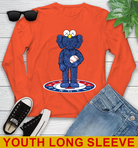 MLB Baseball Texas Rangers Kaws Bff Blue Figure Shirt Youth Long Sleeve 5 MLB Baseball Texas Rangers Kaws Bff Blue Figure Shirt Youth Long Sleeve - Image 5