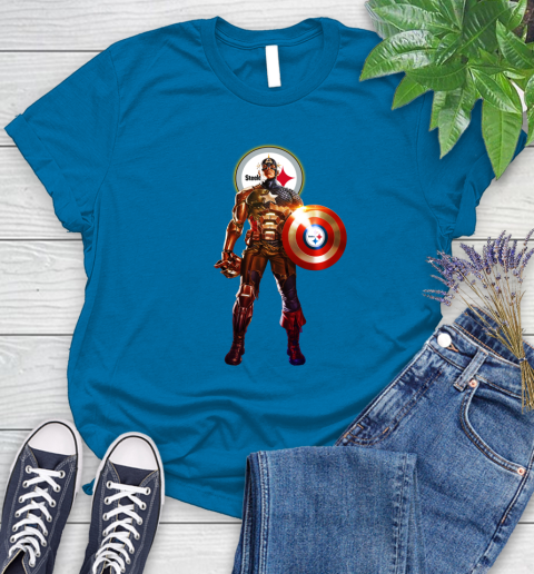 NFL Captain America Marvel Avengers Endgame Football Sports Pittsburgh Steelers Women's T-Shirt 7