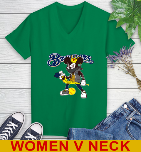 Milwaukee Brewers MLB Baseball Mickey Peace Sign Sports Women's V-Neck T-Shirt 6