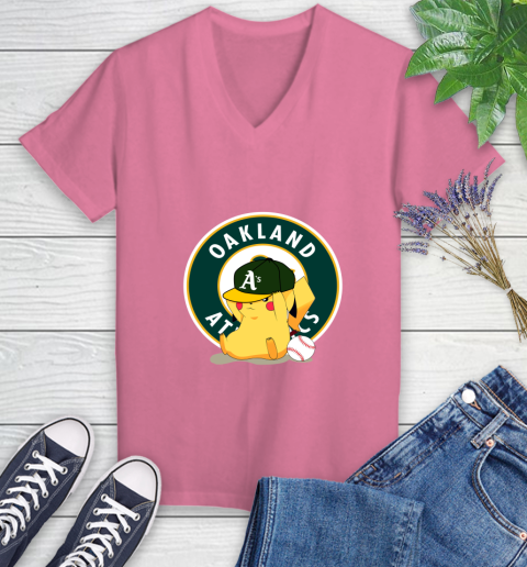 MLB Pikachu Baseball Sports Oakland Athletics Women's V-Neck T-Shirt 13