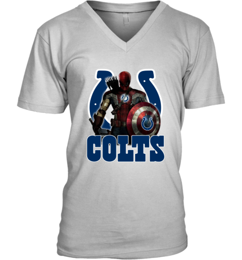 NFL Captain America Thor Spider Man Hawkeye Avengers Endgame Football Indianapolis Colts V-Neck T-Shirt