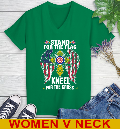 MLB Baseball Chicago Cubs Stand For Flag Kneel For The Cross Shirt Women's V-Neck T-Shirt - Image 6