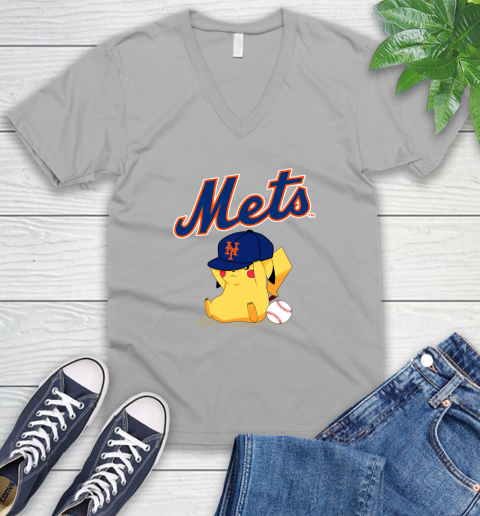 MLB Pikachu Baseball Sports New York Mets V-Neck T-Shirt 4