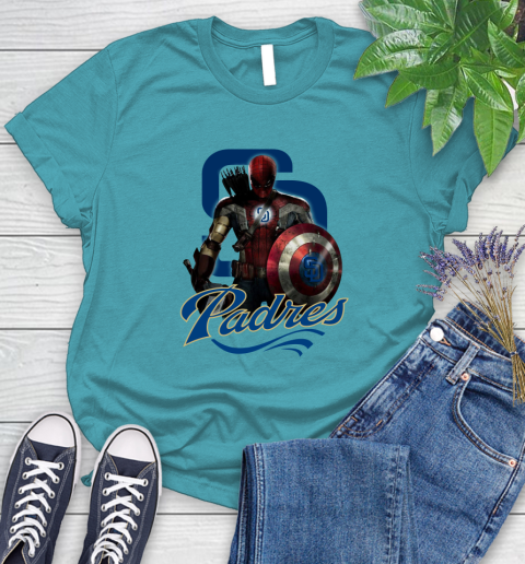 MLB Captain America Thor Spider Man Hawkeye Avengers Endgame Baseball San Diego Padres Women's T-Shirt 12