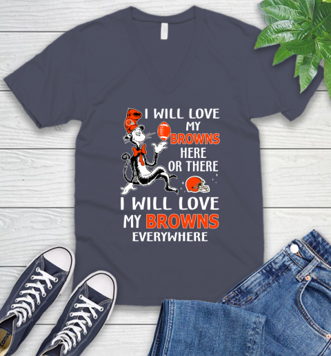 NFL Football Cleveland Browns I Will Love My Browns Everywhere Dr Seuss Shirt V-Neck T-Shirt 7
