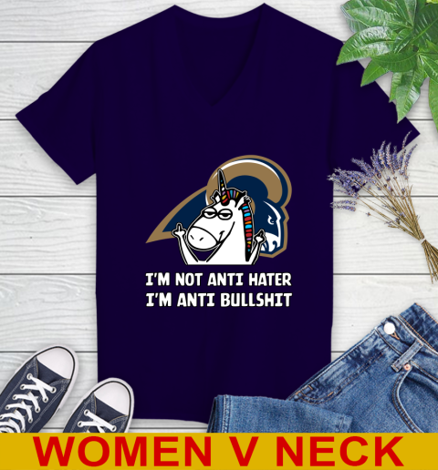 Los Angeles Rams NFL Football Unicorn I'm Not Anti Hater I'm Anti Bullshit Women's V-Neck T-Shirt 4