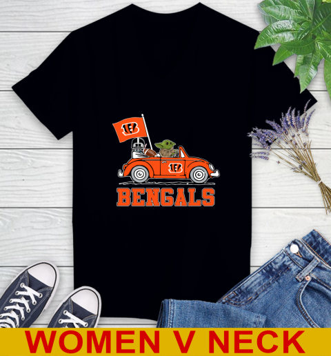 NFL Football Cincinnati Bengals Darth Vader Baby Yoda Driving Star Wars Shirt Women's V-Neck T-Shirt 2