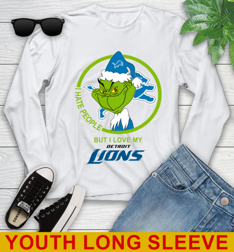 Detroit Lions NFL Christmas Grinch I Hate People But I Love My Favorite Football Team Youth Long Sleeve