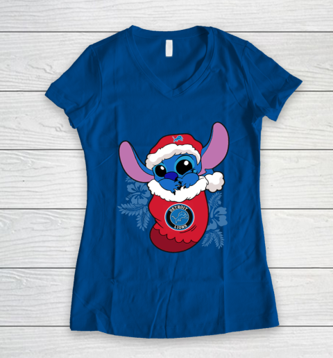 Detroit Lions Christmas Stitch In The Sock Funny Disney NFL Women's V-Neck T-Shirt 9