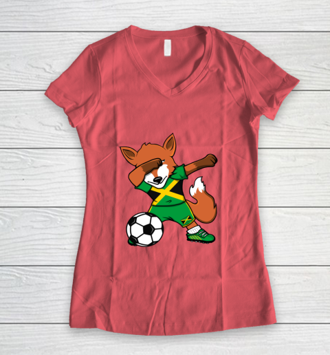 Dabbing Fox Jamaica Soccer Fans Jersey Jamaican Football Fan Women's V-Neck T-Shirt 6