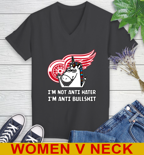 Detroit Red Wings NHL Hockey Unicorn I'm Not Anti Hater I'm Anti Bullshit Women's V-Neck T-Shirt 9
