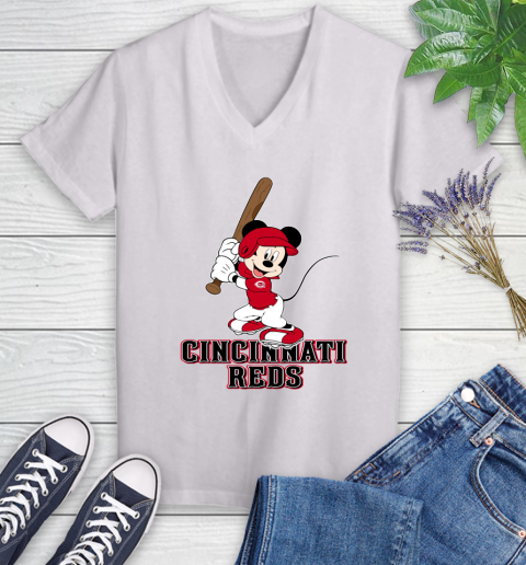 MLB Baseball Cincinnati Reds Cheerful Mickey Mouse Shirt Women's V-Neck T-Shirt 2
