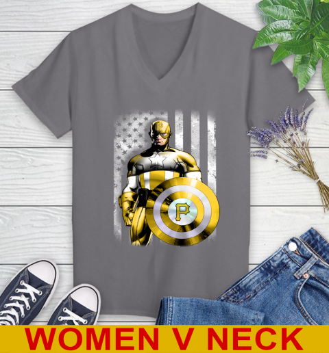 Pittsburgh Pirates MLB Baseball Captain America Marvel Avengers American Flag Shirt Women's V-Neck T-Shirt 11