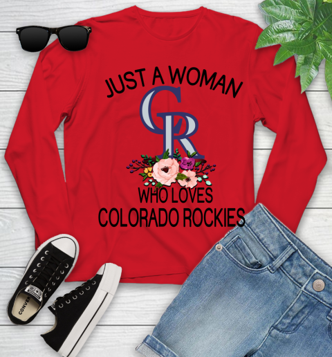 MLB Just A Woman Who Loves Colorado Rockies Baseball Sports Youth Long Sleeve 8
