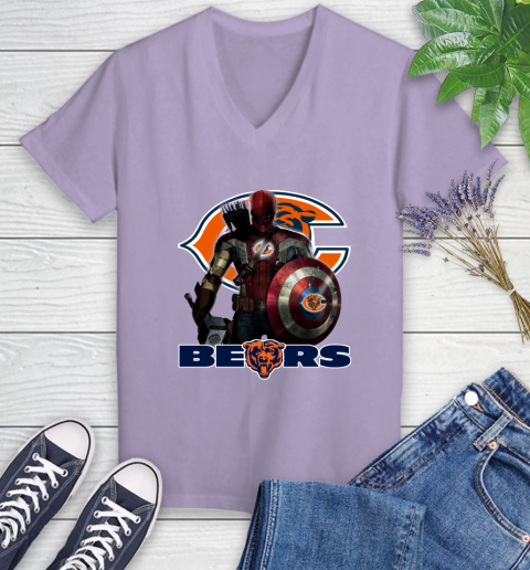 NFL Captain America Thor Spider Man Hawkeye Avengers Endgame Football Chicago Bears Women's V-Neck T-Shirt 14