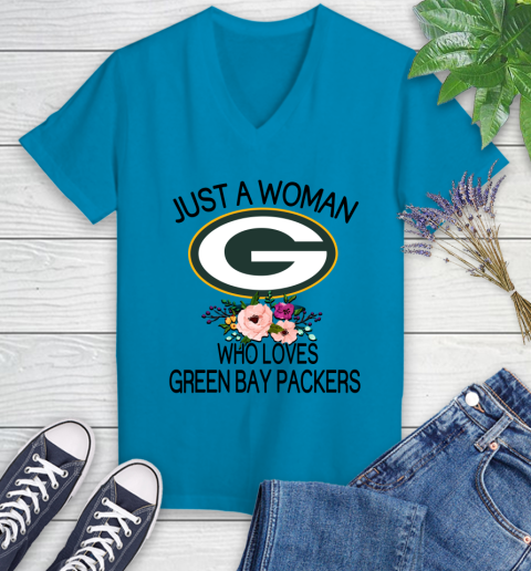 NFL Just A Woman Who Loves Green Bay Packers Football Sports Women's V-Neck T-Shirt 4