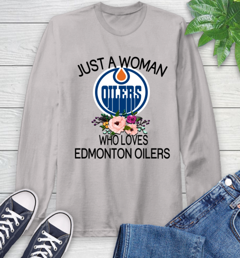 NHL Just A Woman Who Loves Edmonton Oilers Hockey Sports Long Sleeve T-Shirt 11