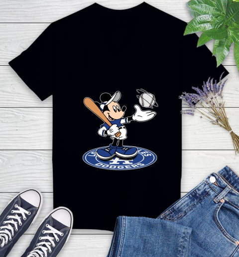 MLB Baseball Los Angeles Dodgers Cheerful Mickey Disney Shirt Women's V-Neck T-Shirt