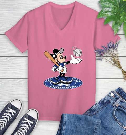 MLB Baseball Los Angeles Dodgers Cheerful Mickey Disney Shirt Women's V-Neck T-Shirt 11