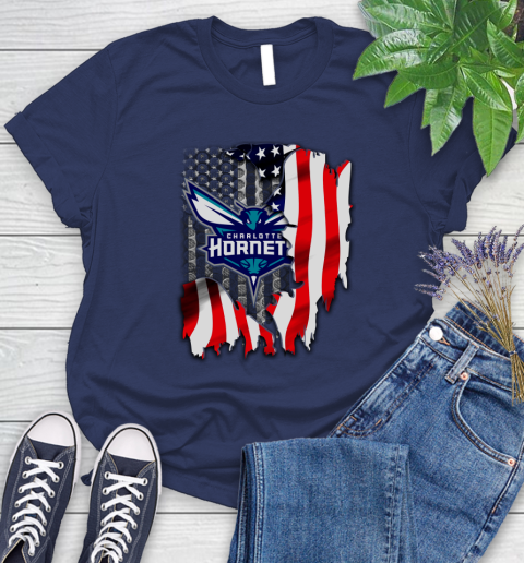 Charlotte Hornets NBA Basketball American Flag Women's T-Shirt 14