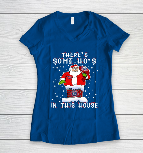 New York Giants Christmas There Is Some Hos In This House Santa Stuck In The Chimney NFL Women's V-Neck T-Shirt 7